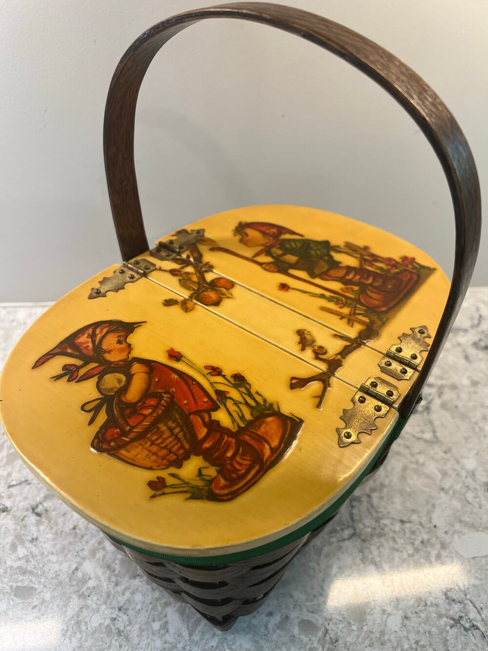 Vintage Basket J. Hummel 1968 Print on Cover Green Fabric Interior 11"x9"x7" JL